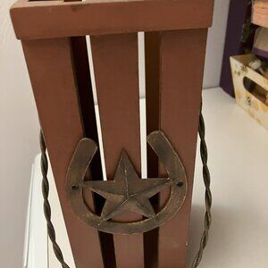 Western Wooden Vase or Bottle Holder with Horseshoe Star and Handle